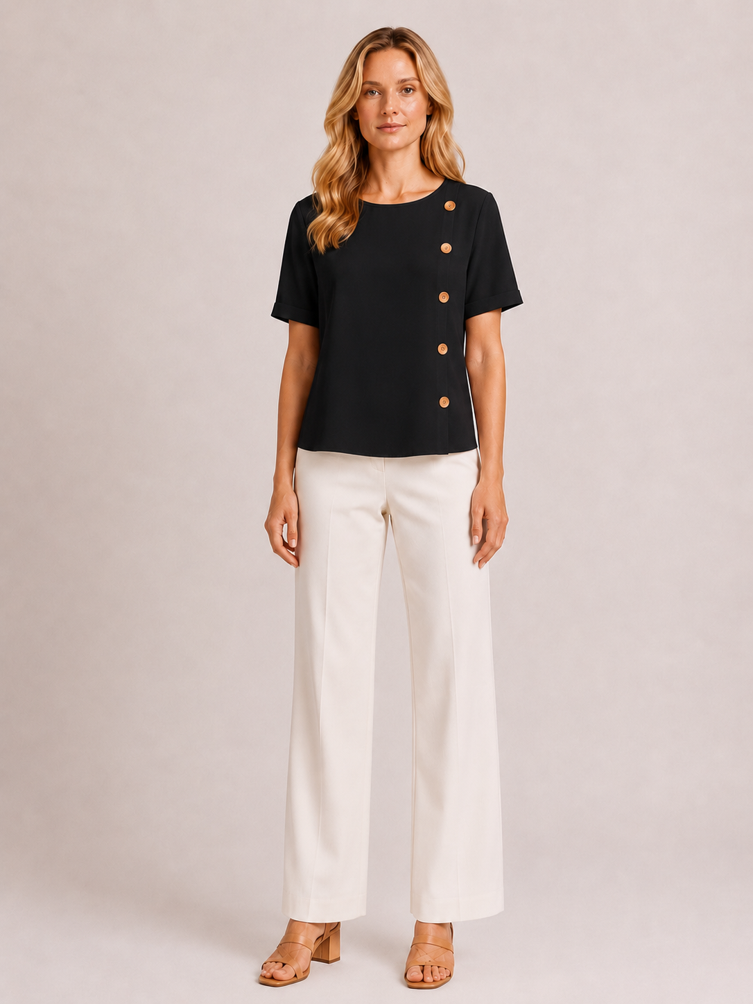 Cecillia - Women’s Short Sleeve Loose Fit Blouse with Side Button Detail-Women’s Blouse-Lyrasue-Black-S-Lyrasue