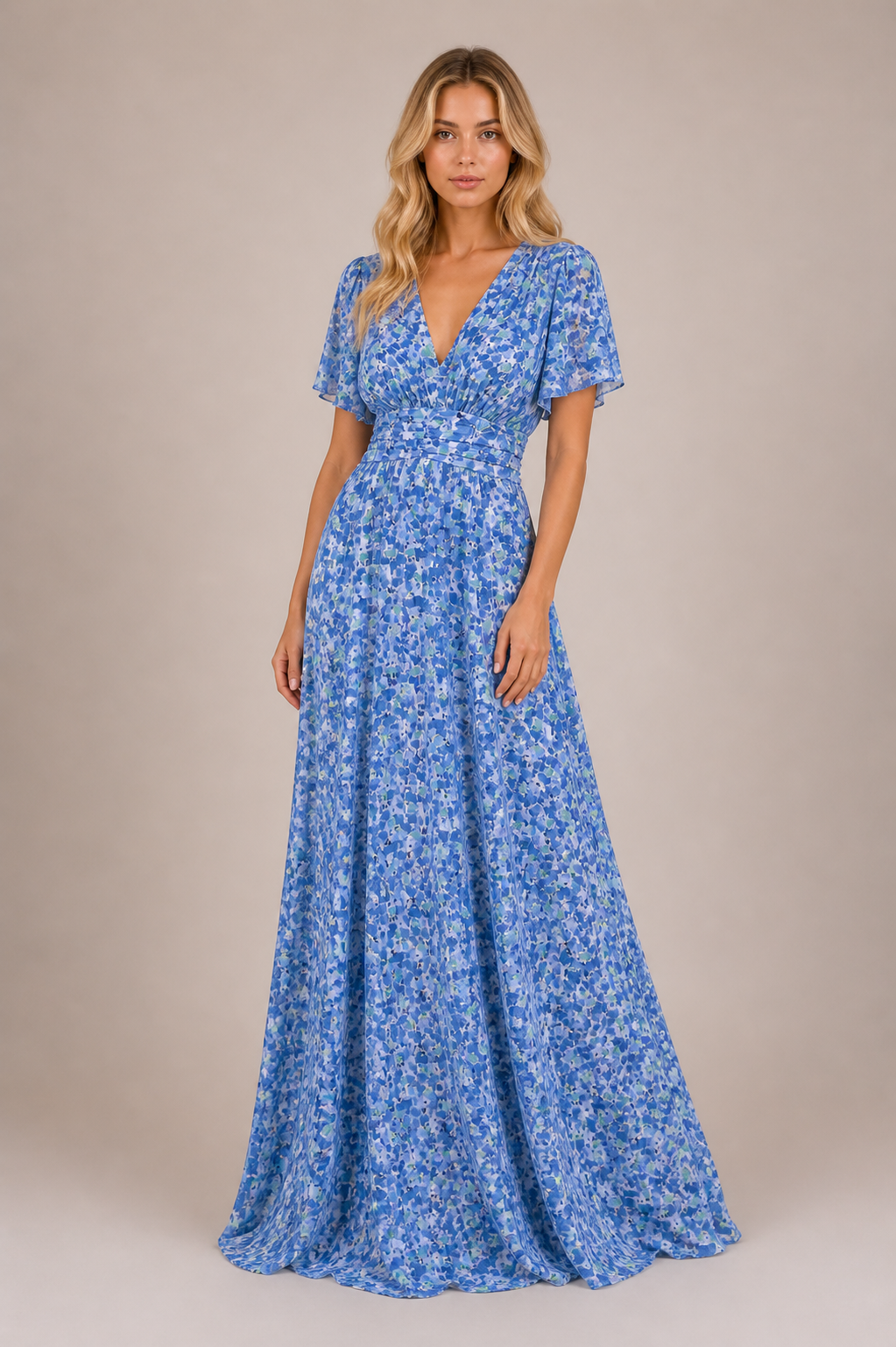Michelle - Women’s Elegant Summer Floral Maxi Dress With Defined Waist-SS - Womens Dresses-Lyrasue-Blue-S-Lyrasue