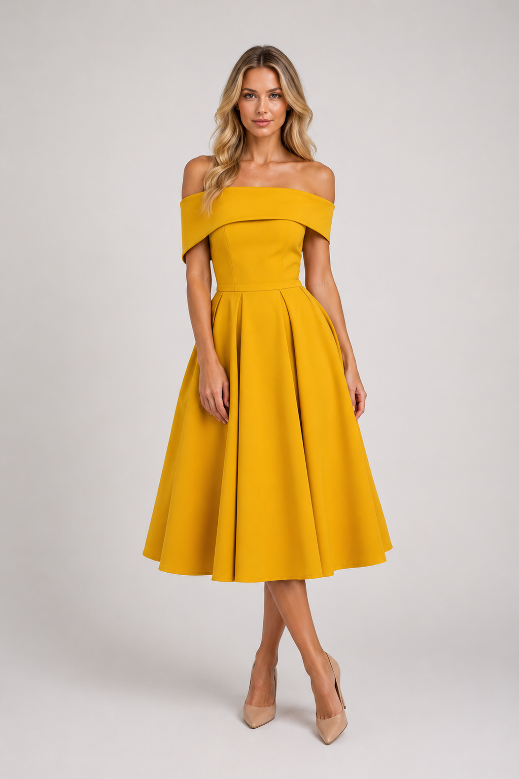 Willow - Women’s Off-Shoulder Wedding Guest Midi Dress-Dress-Lyrasue-Yellow-S-Lyrasue