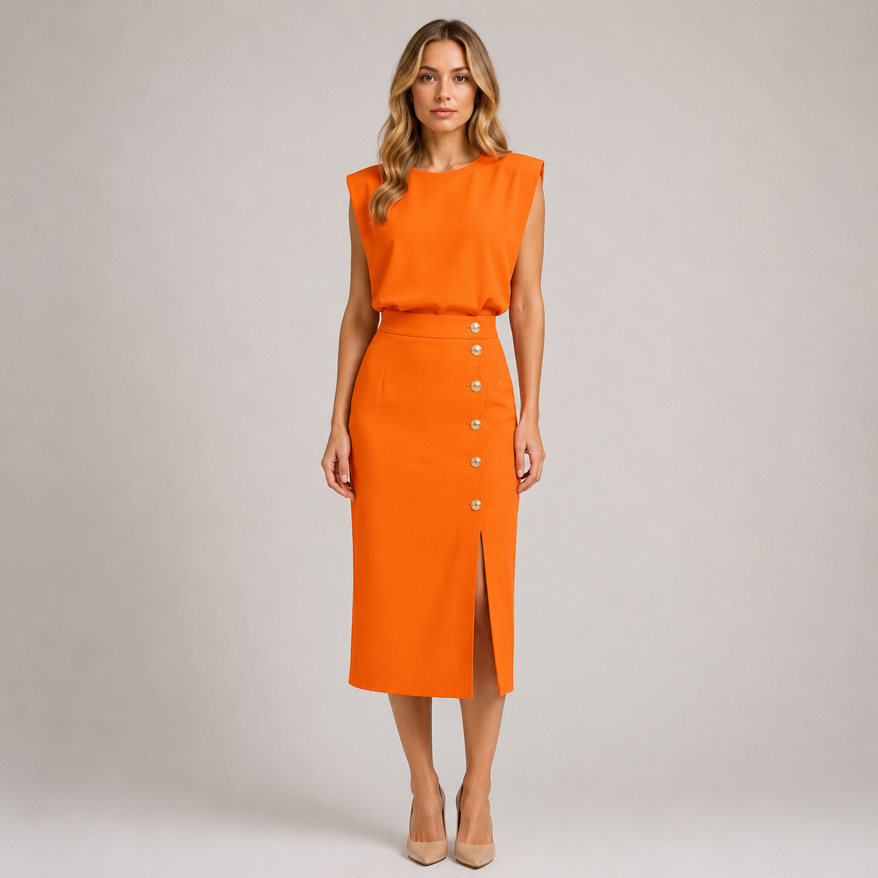 Reagan - Women’s Round Neck Midi Dress with Button Slit-Summer Push-Lyrasue-Orange-S-Lyrasue