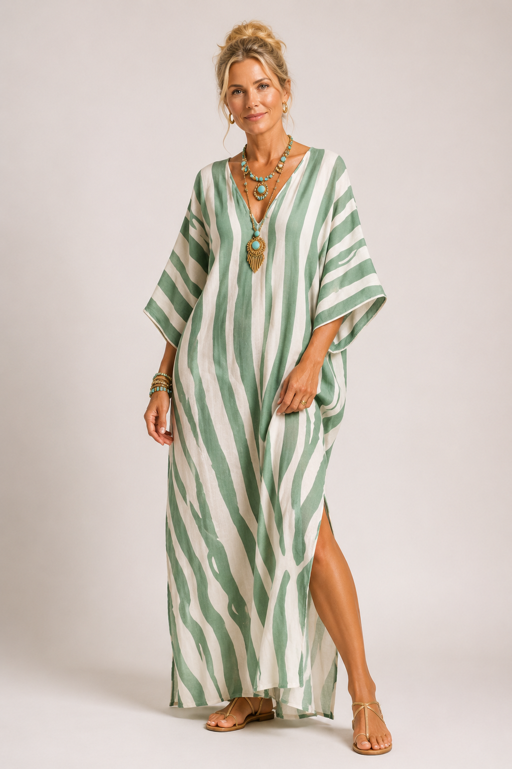 Scout - Women's V Neck Summer Kaftan Maxi Dress-Dress-Lyrasue-Blue stripes-S-Lyrasue