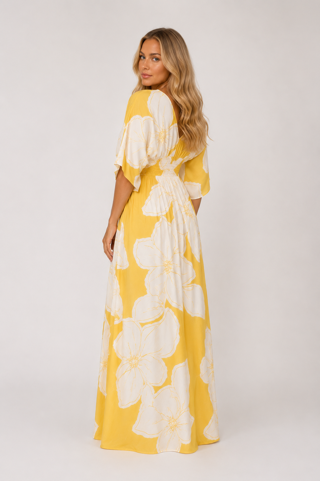 Trinaty - Women’s Floral Print Maxi Dress Elegant Contrast Detail Style-SS - Womens Dresses-Lyrasue-Yellow-S-Lyrasue