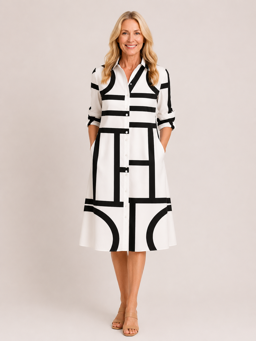 Brooke - Women’s Geometric Print Midi Dress with Pockets-Mode Femme Robe-Lyrasue-Black-S-Lyrasue