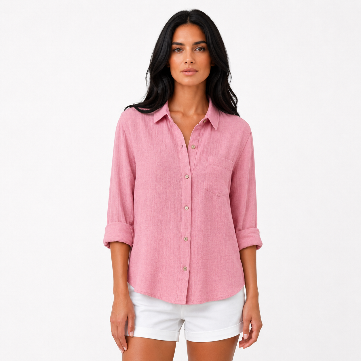 Daniela - Women’s Short Sleeve Summer Blouse with Button Placket-Women’s Blouse-Lyrasue-Pink-S-Lyrasue