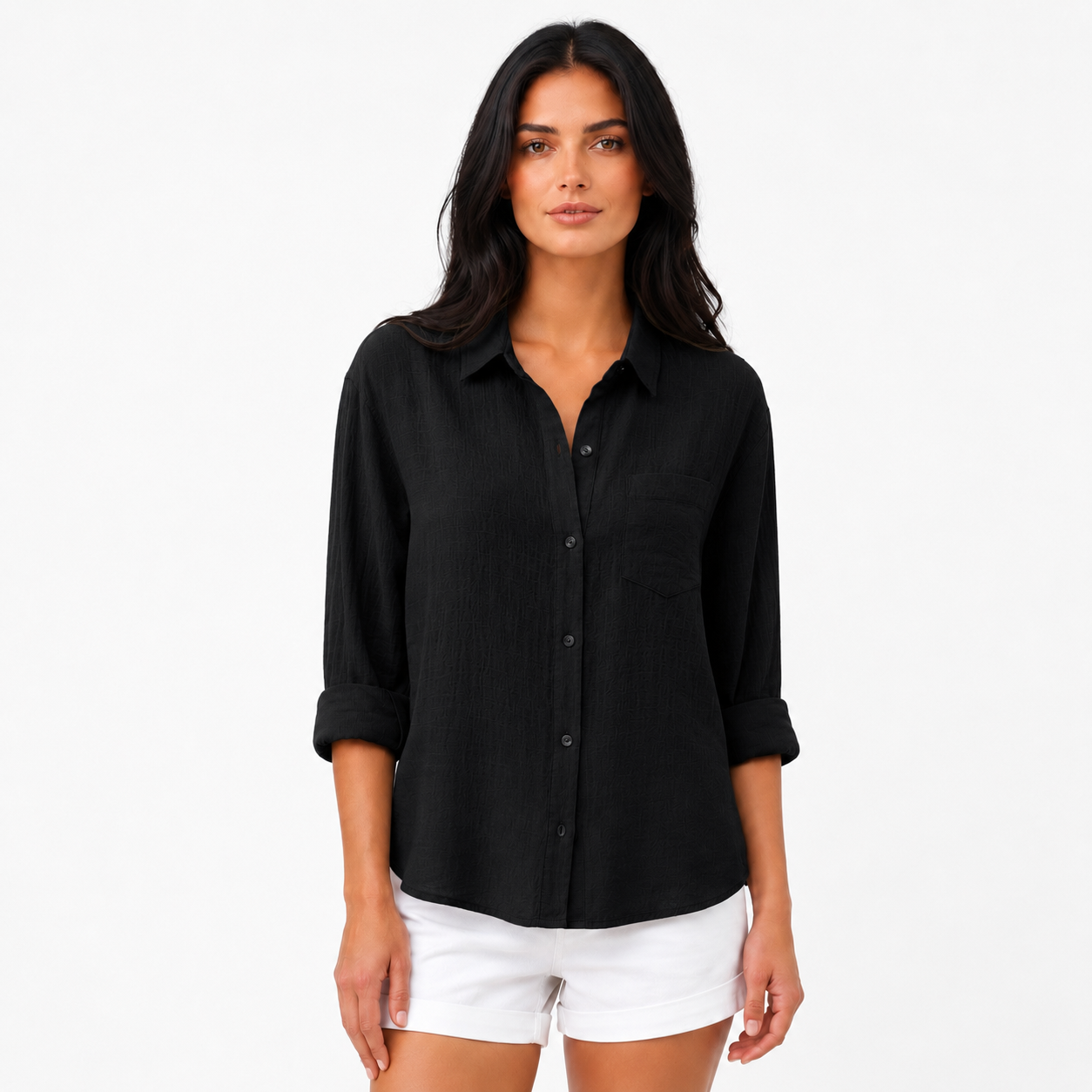 Daniela - Women’s Short Sleeve Summer Blouse with Button Placket-Women’s Blouse-Lyrasue-Black-S-Lyrasue