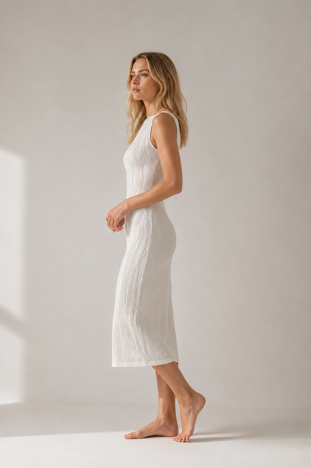 Inayah - Women’s Textured Cami Midi Dress With Elegant Wave Print-Midi Dresses-Lyrasue-White-XS-Lyrasue