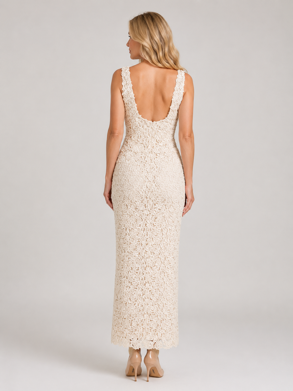 Women’s Elegant Floral Lace Midi Dress with Deep V-Neck-Midi Dress-Lyrasue-White-S-Lyrasue