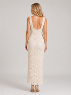 Women’s Elegant Floral Lace Midi Dress with Deep V-Neck-Midi Dress-Lyrasue-White-S-Lyrasue