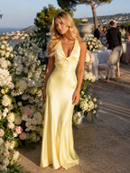 Kennedy - Women’s Satin Halter Wedding Guest Maxi Dress with V-Neck-women dress-Lyrasue-Yellow-S-Lyrasue