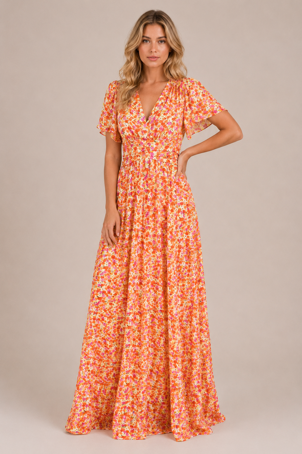 Michelle - Women’s Elegant Summer Floral Maxi Dress With Defined Waist-SS - Womens Dresses-Lyrasue-Orange-S-Lyrasue