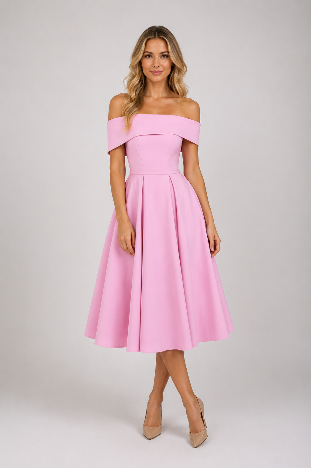 Willow - Women’s Off-Shoulder Wedding Guest Midi Dress-Dress-Lyrasue-Pink-S-Lyrasue