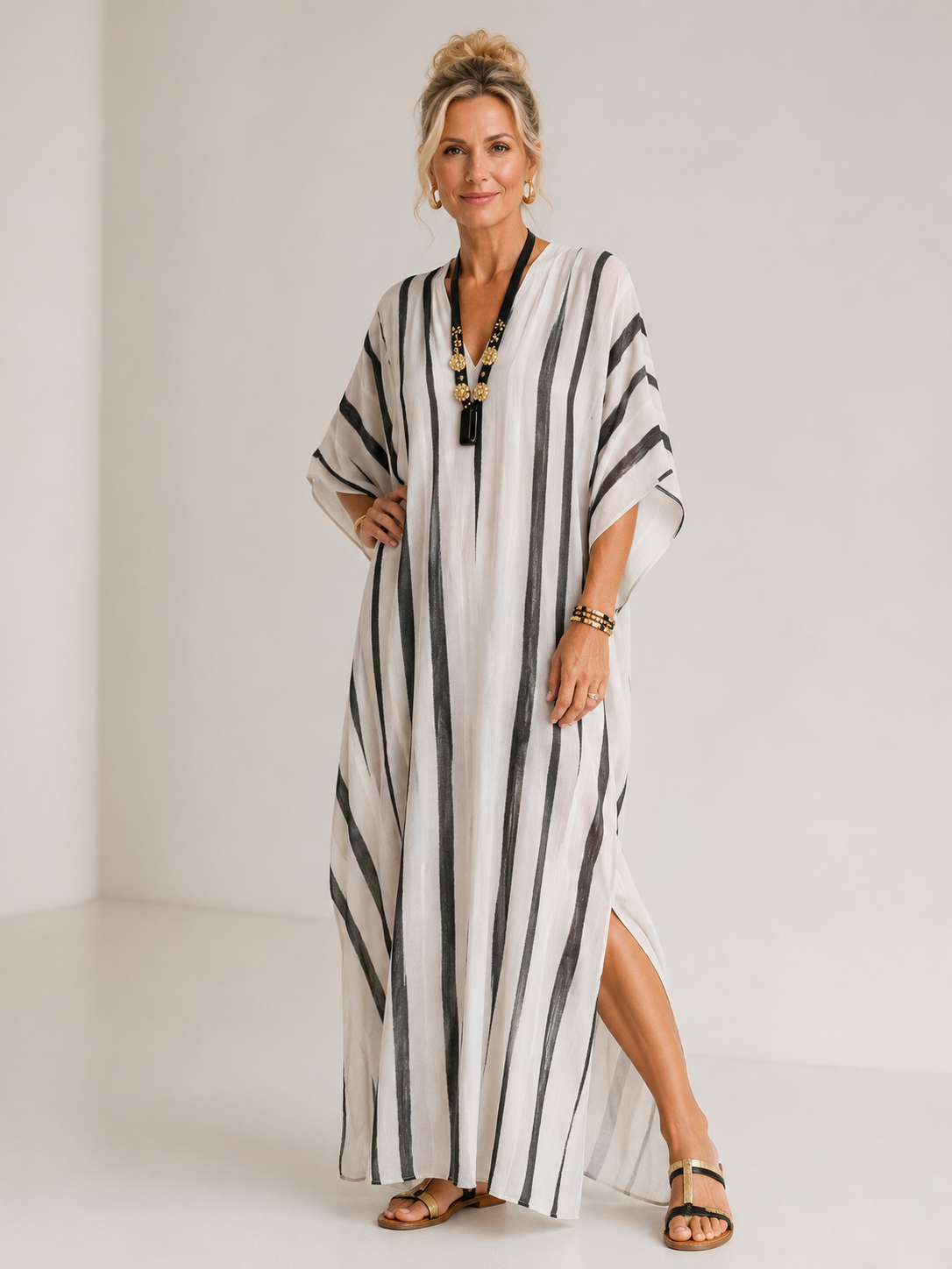 Scout - Women's V Neck Summer Kaftan Maxi Dress-Dress-Lyrasue-White black-S-Lyrasue