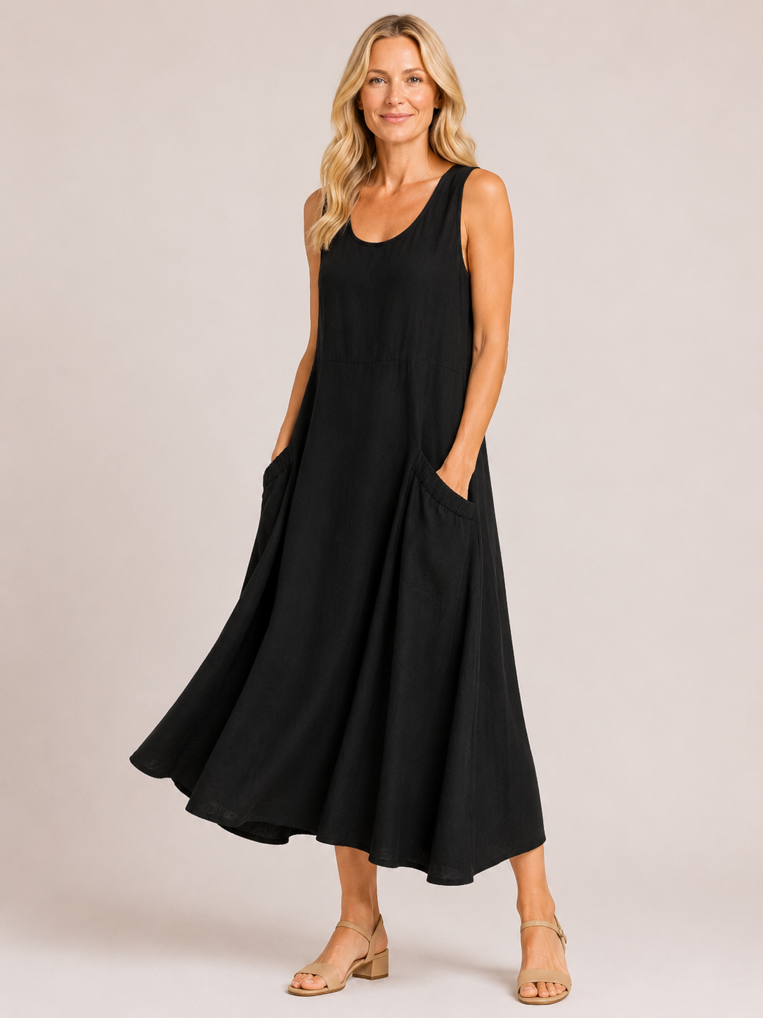 Melody - Women’s Lightweight Cotton Summer Midi Dress with Pockets-Mode Femme Robe-Lyrasue-Black-S-Lyrasue