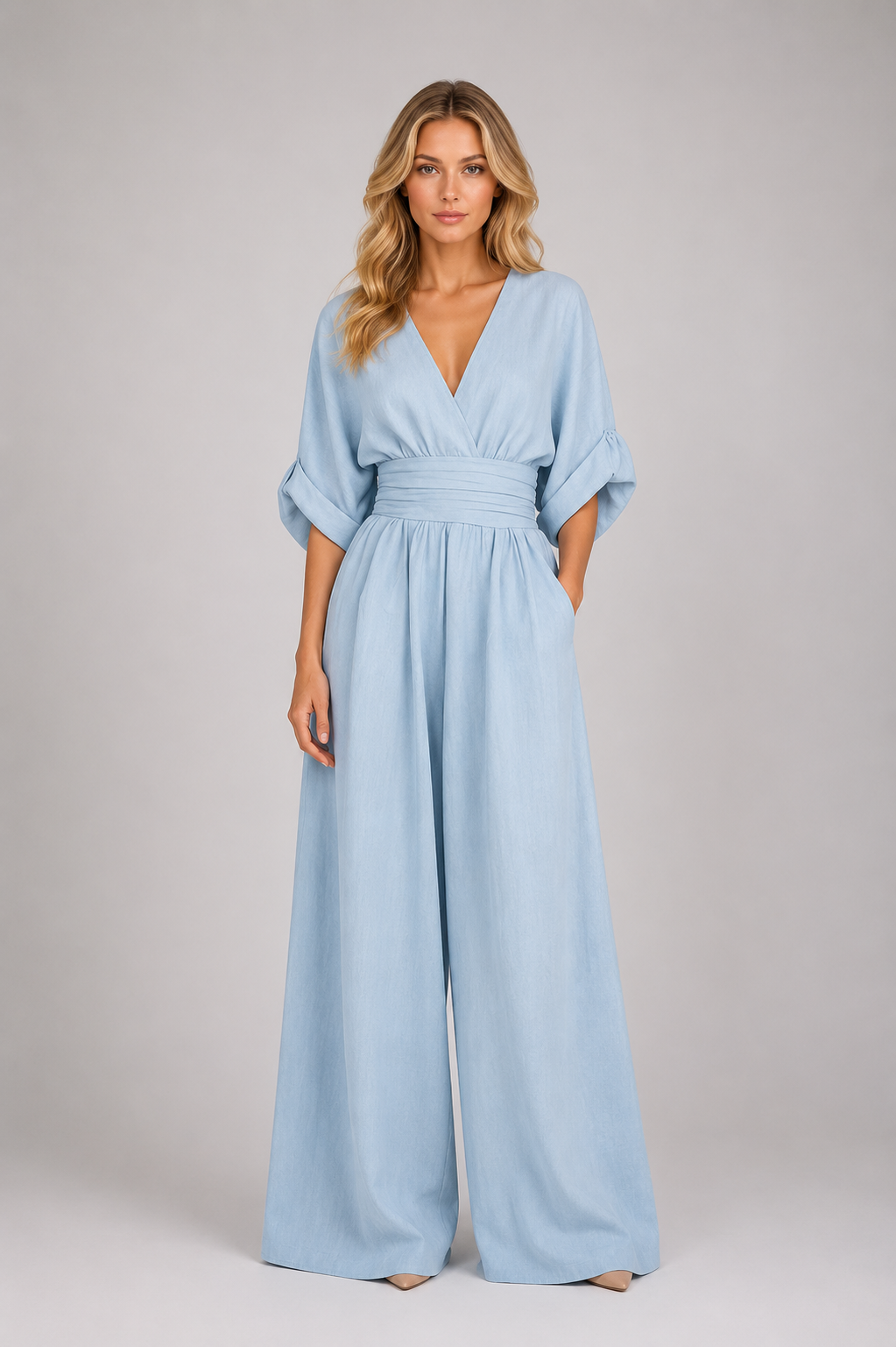 Desha - Women's Jumpsuit with V-Neck, Flowy Cut, and Wide Legs-Lyrasue-Blue-S-Lyrasue