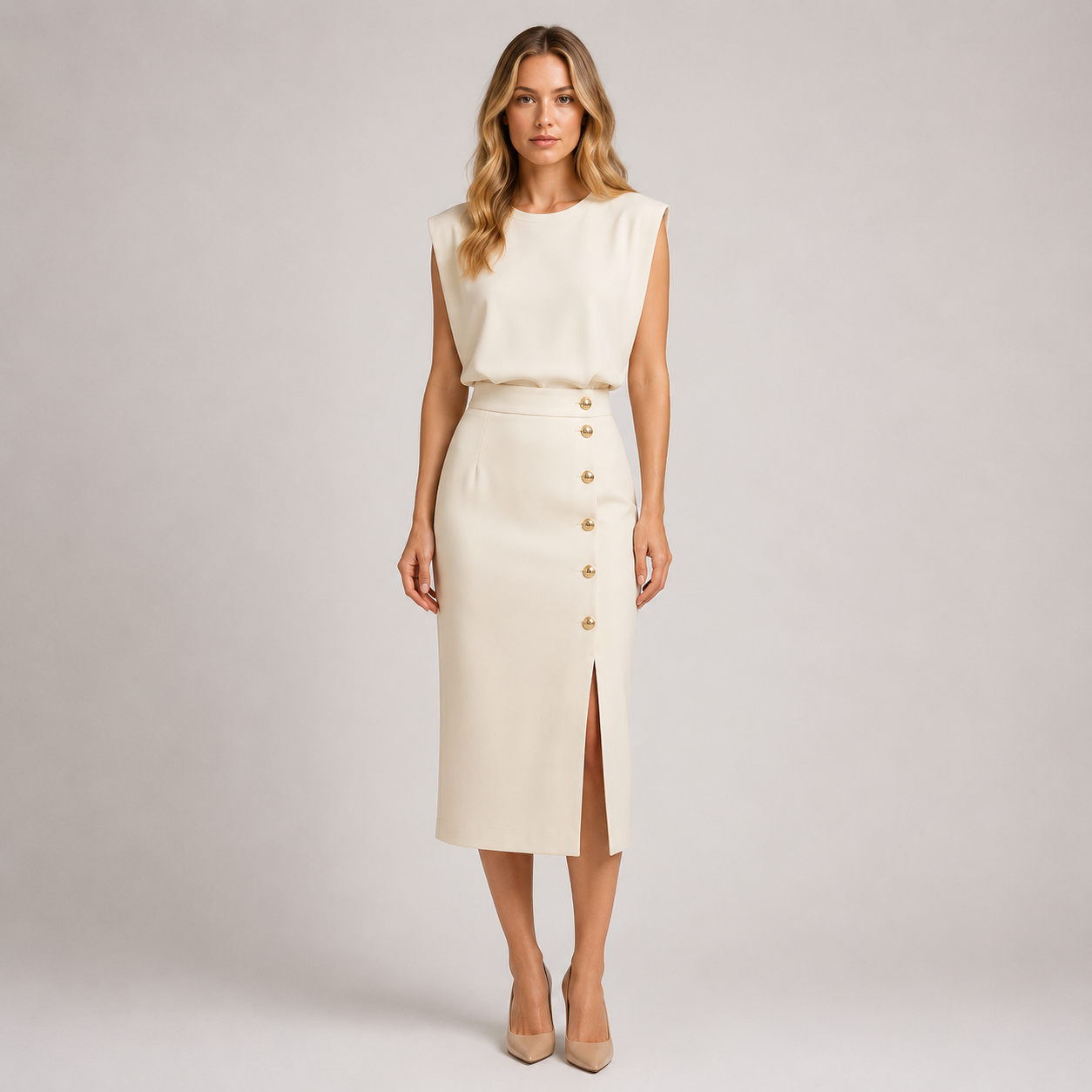 Reagan - Women’s Round Neck Midi Dress with Button Slit-Summer Push-Lyrasue-Beige-S-Lyrasue