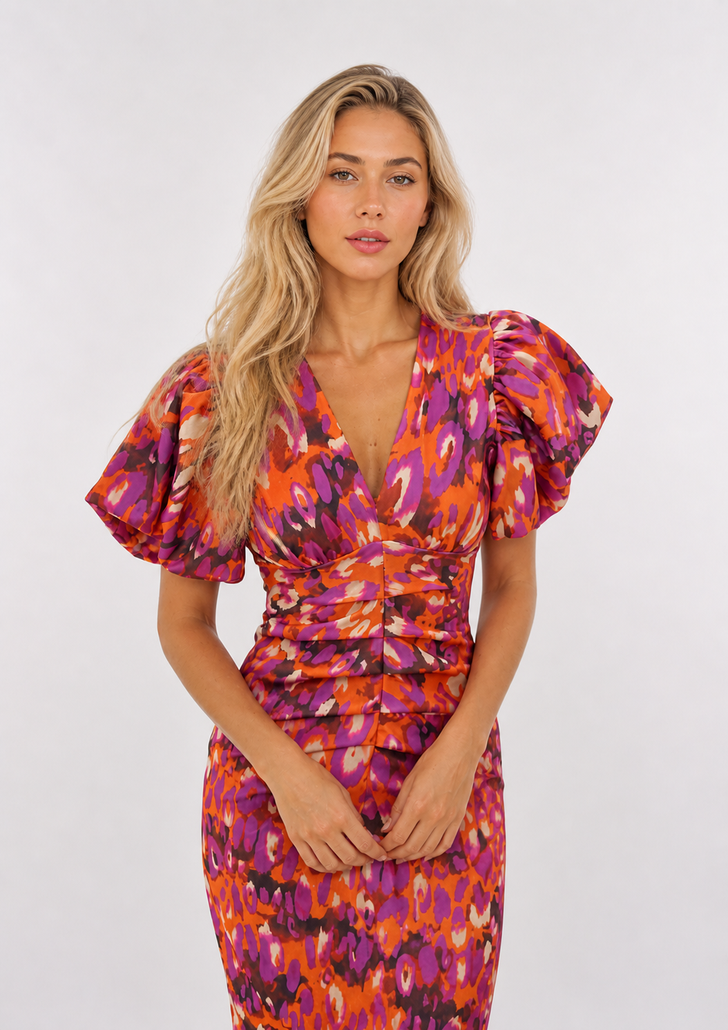 Addison - Stylish Summer Midi Dress with V-Neck and Puff Sleeves-Dress-Lyrasue-Orange/Purple-S-Lyrasue