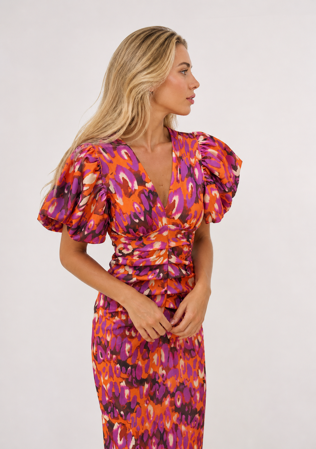 Addison - Stylish Summer Midi Dress with V-Neck and Puff Sleeves-Dress-Lyrasue-Orange/Purple-S-Lyrasue