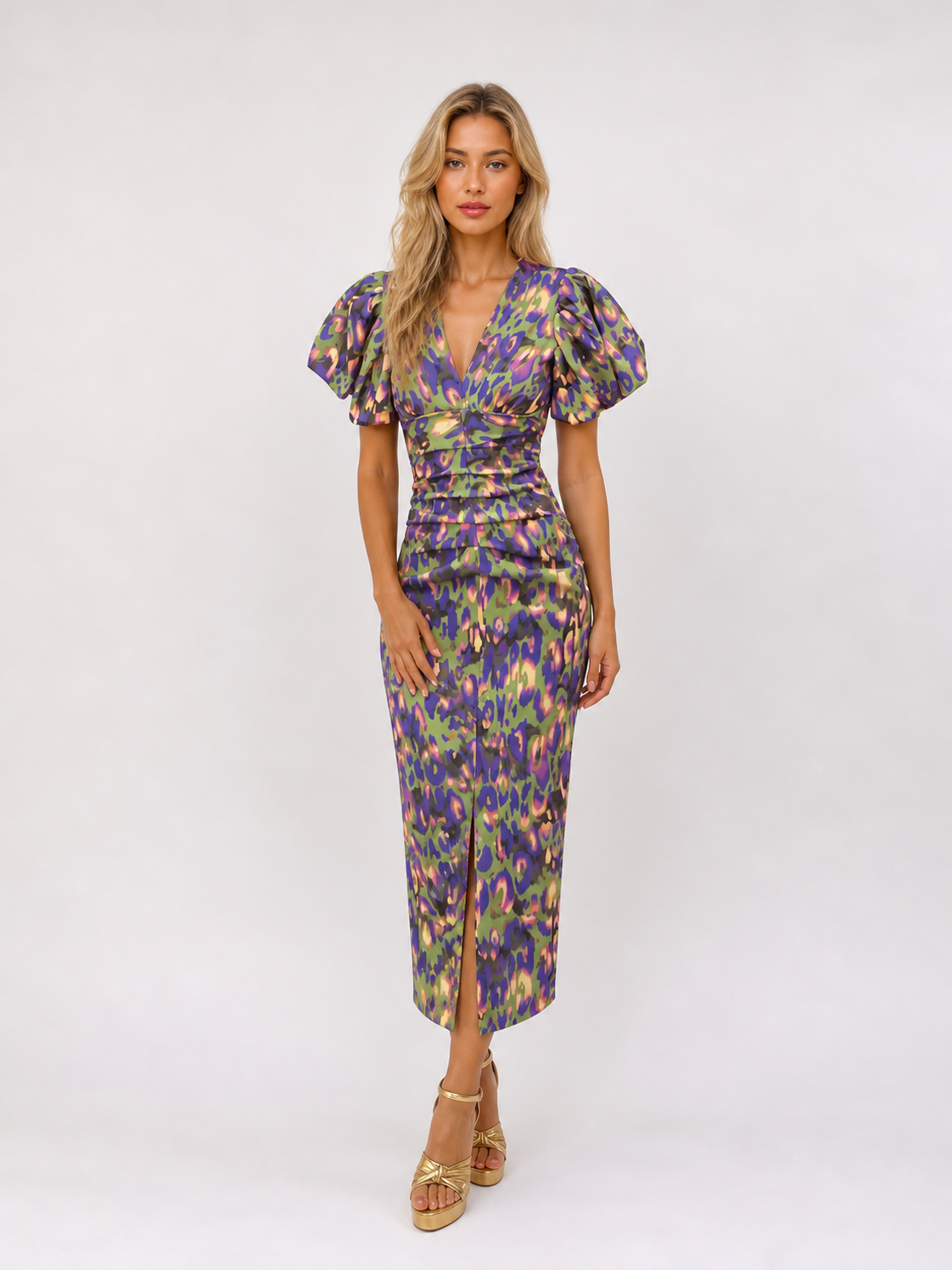 Addison - Stylish Summer Midi Dress with V-Neck and Puff Sleeves-Dress-Lyrasue-Green/Purple-S-Lyrasue