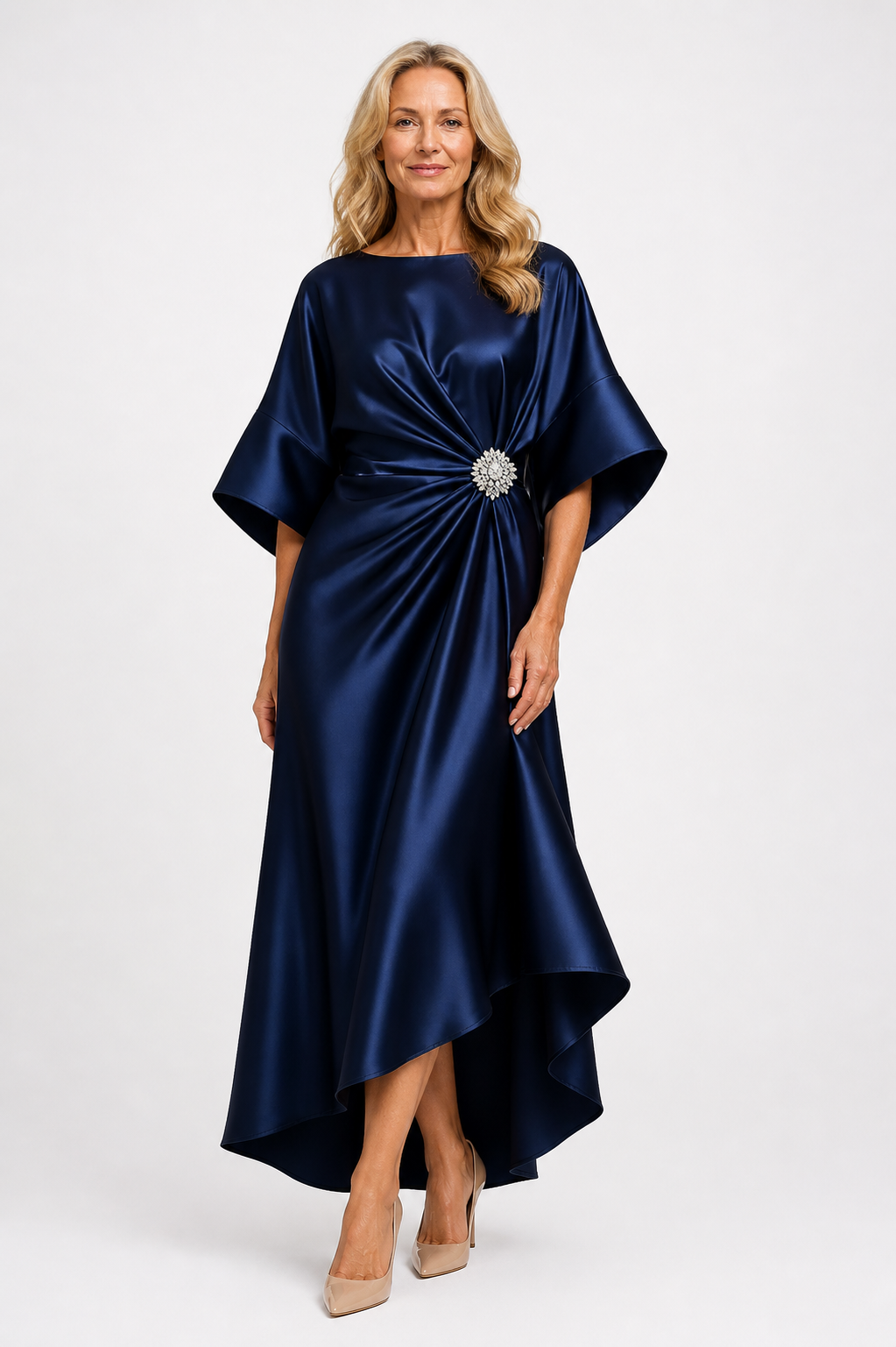 Aloevera - Women's Wide Sleeve Wedding Guest Satin Maxi Dress-Maxi Dress - AS - Womens - Dresses-Lyrasue-Midnight Blue-XS-Lyrasue