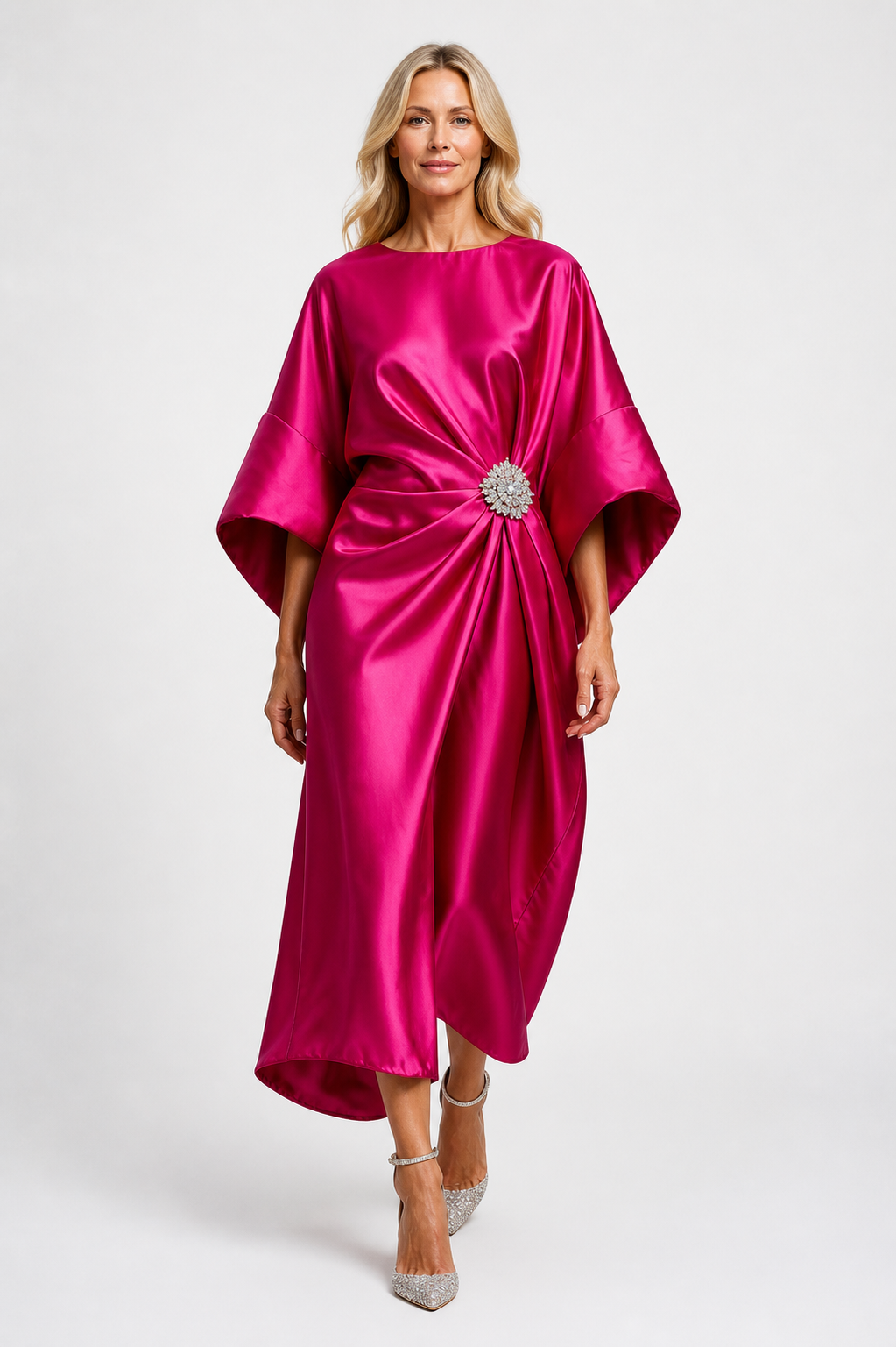 Aloevera - Women's Wide Sleeve Wedding Guest Satin Maxi Dress-Maxi Dress - AS - Womens - Dresses-Lyrasue-Pink Red-XS-Lyrasue