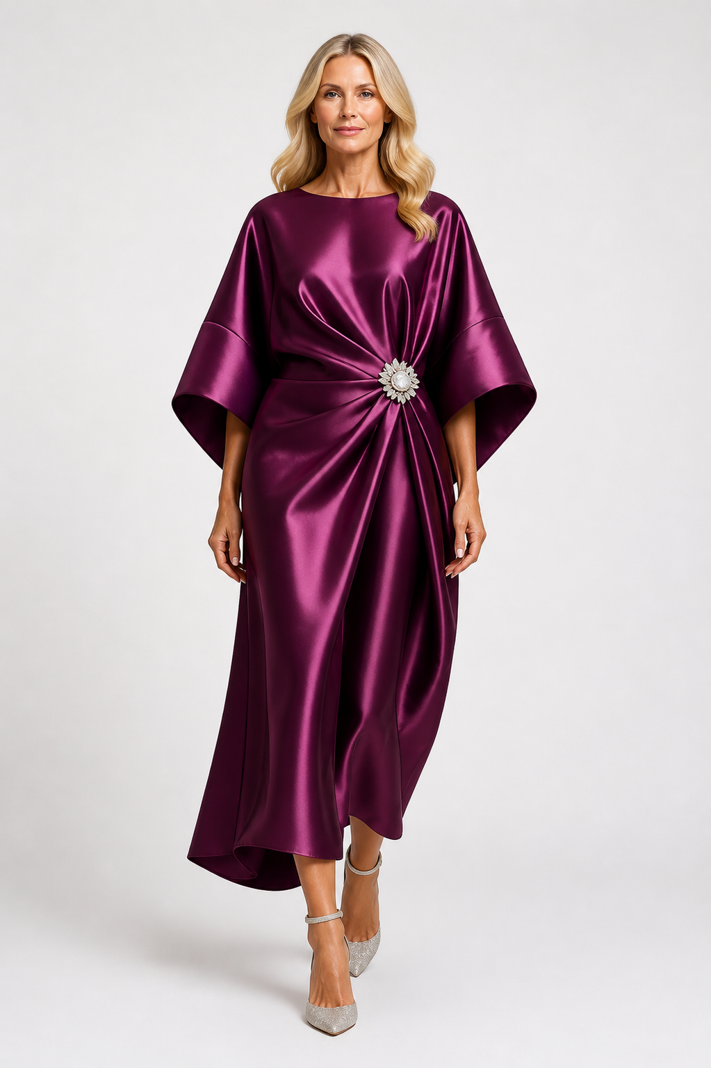 Aloevera - Women's Wide Sleeve Wedding Guest Satin Maxi Dress-Maxi Dress - AS - Womens - Dresses-Lyrasue-Claret-XS-Lyrasue