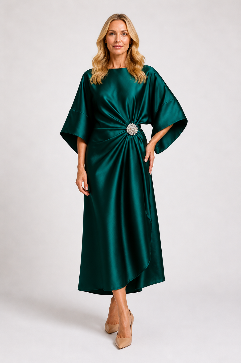 Aloevera - Women's Wide Sleeve Wedding Guest Satin Maxi Dress-Maxi Dress - AS - Womens - Dresses-Lyrasue-Green-XS-Lyrasue