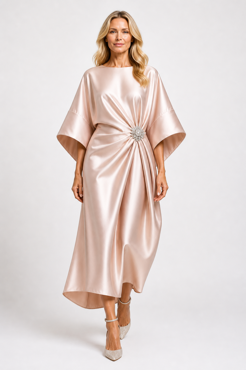Aloevera - Women's Wide Sleeve Wedding Guest Satin Maxi Dress-Maxi Dress - AS - Womens - Dresses-Lyrasue-Light Pink-XS-Lyrasue