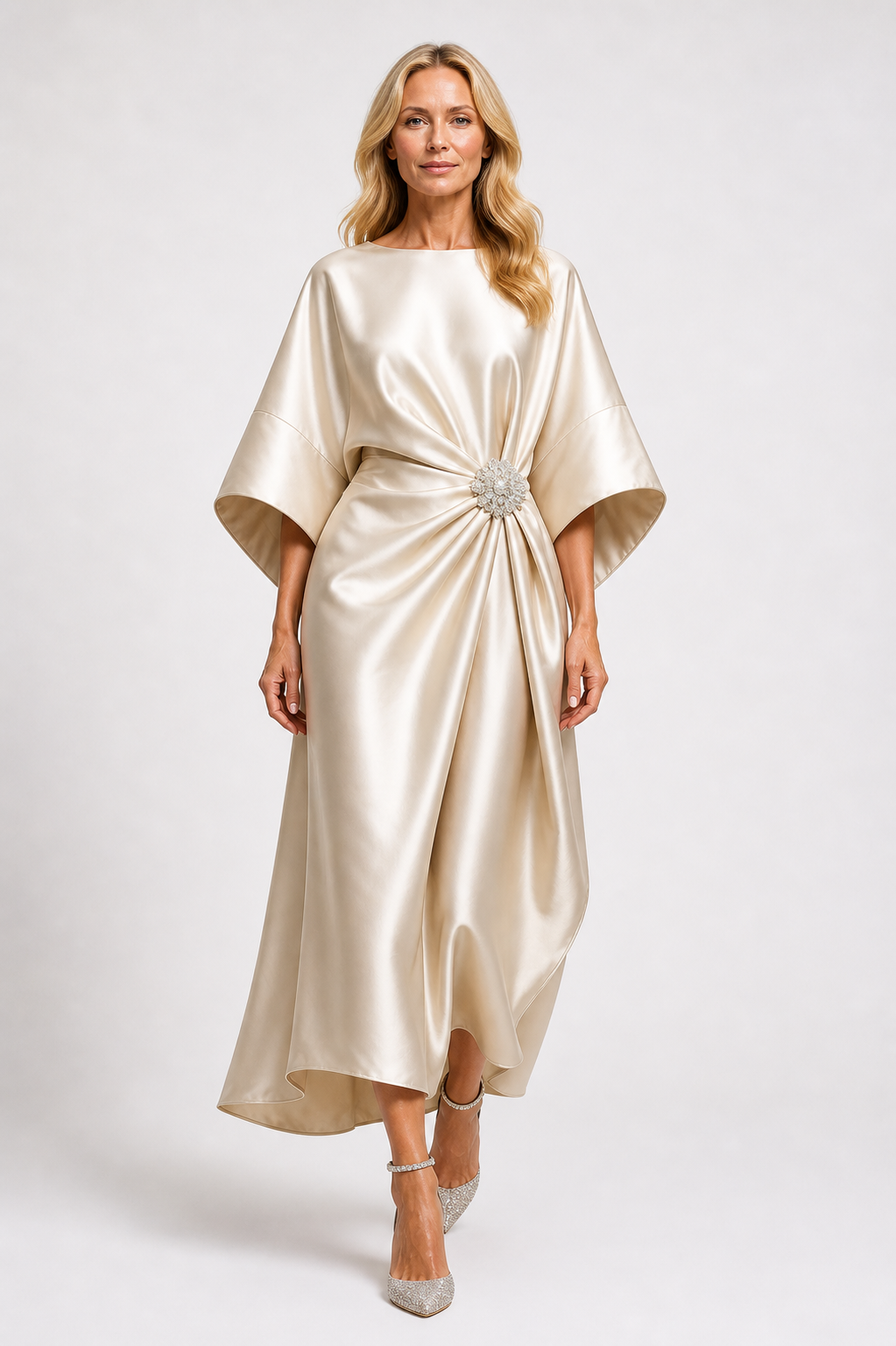 Aloevera - Women's Wide Sleeve Wedding Guest Satin Maxi Dress-Maxi Dress - AS - Womens - Dresses-Lyrasue-Beige-XS-Lyrasue
