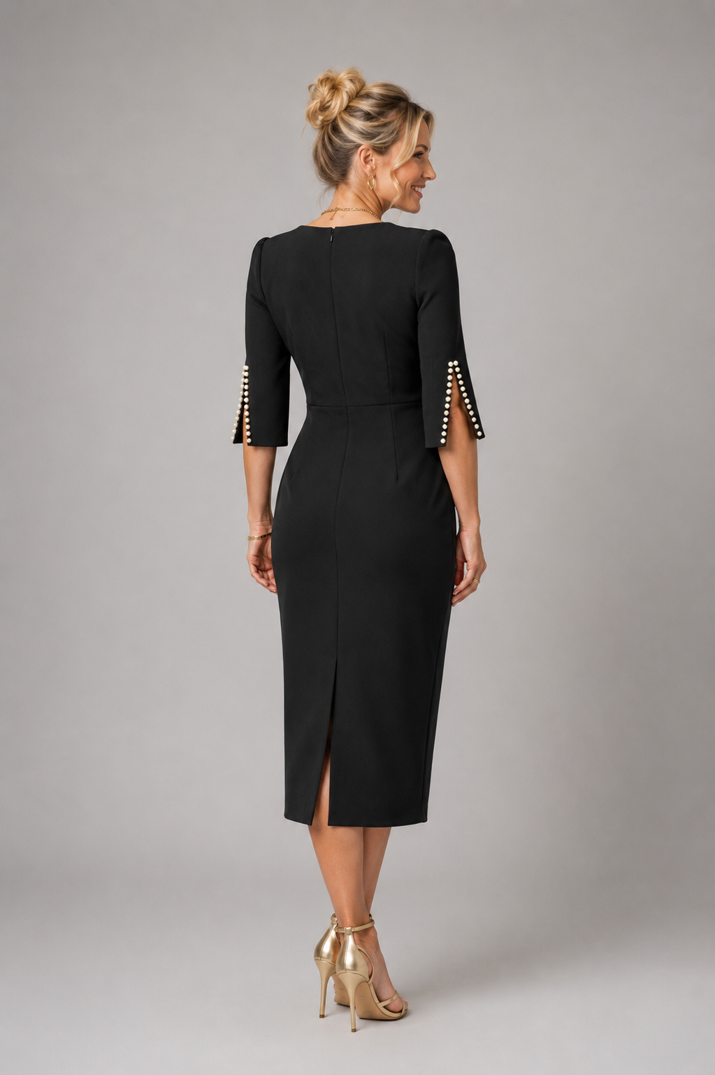 Amore - Women's Pearl Sleeve Midi Dress-Lyrasue-Black-S-Lyrasue