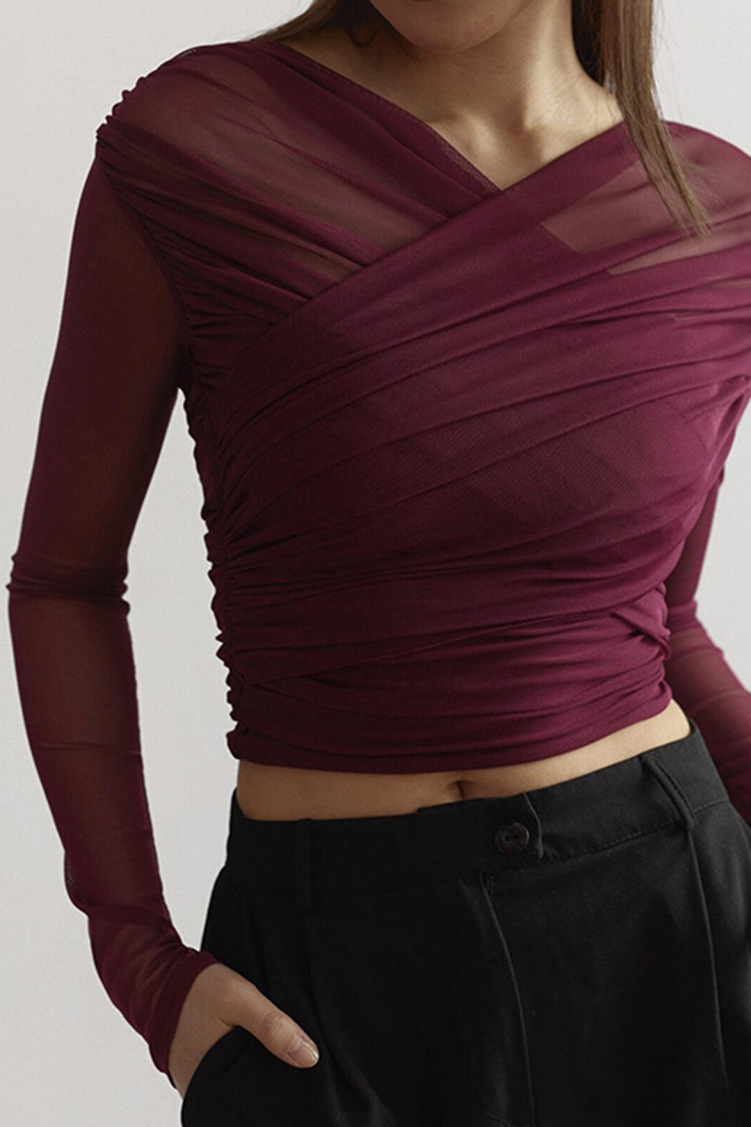 Anika - Women's Ruched Mesh Long Sleeve Top with Sheer Sleeves-Women Blouses Tops-Lyrasue-Burgundy-S-Lyrasue
