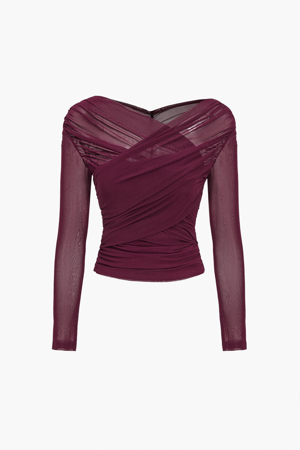 Anika - Women's Ruched Mesh Long Sleeve Top with Sheer Sleeves-Women Blouses Tops-Lyrasue-Burgundy-S-Lyrasue