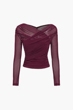 Anika - Women's Ruched Mesh Long Sleeve Top with Sheer Sleeves-Women Blouses Tops-Lyrasue-Burgundy-S-Lyrasue