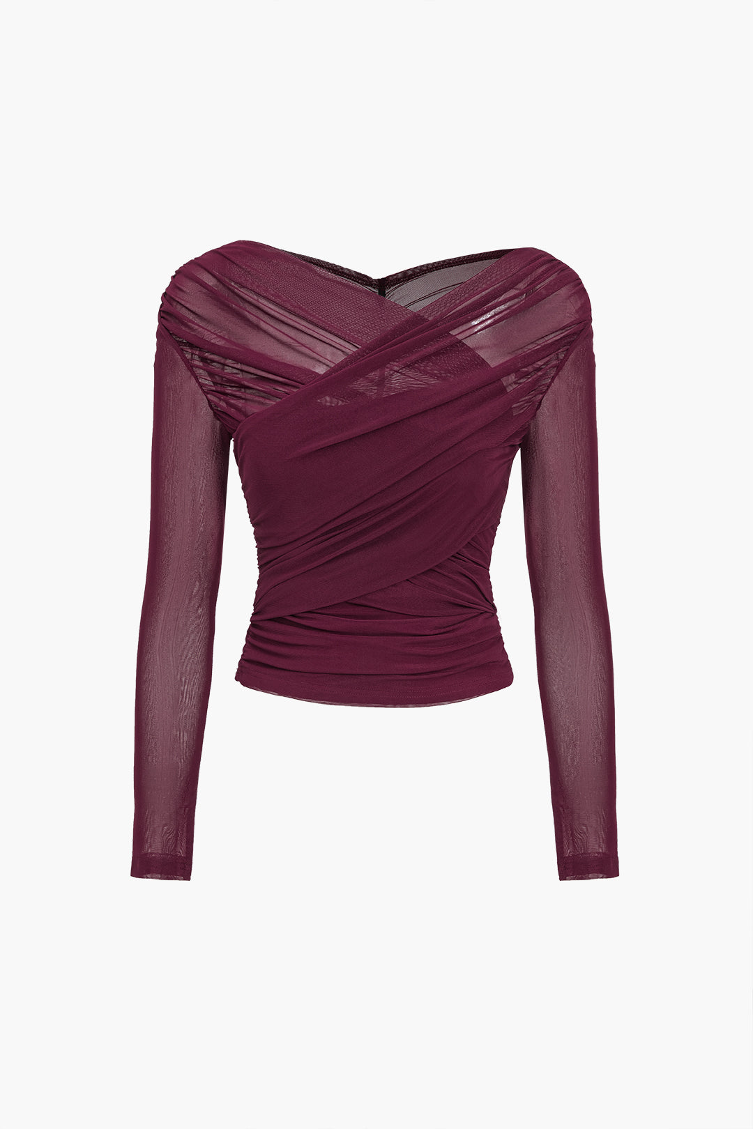 Anika - Women's Ruched Mesh Long Sleeve Top with Sheer Sleeves-Women Blouses Tops-Lyrasue-Burgundy-S-Lyrasue