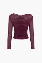 Anika - Women's Ruched Mesh Long Sleeve Top with Sheer Sleeves-Women Blouses Tops-Lyrasue-Burgundy-S-Lyrasue