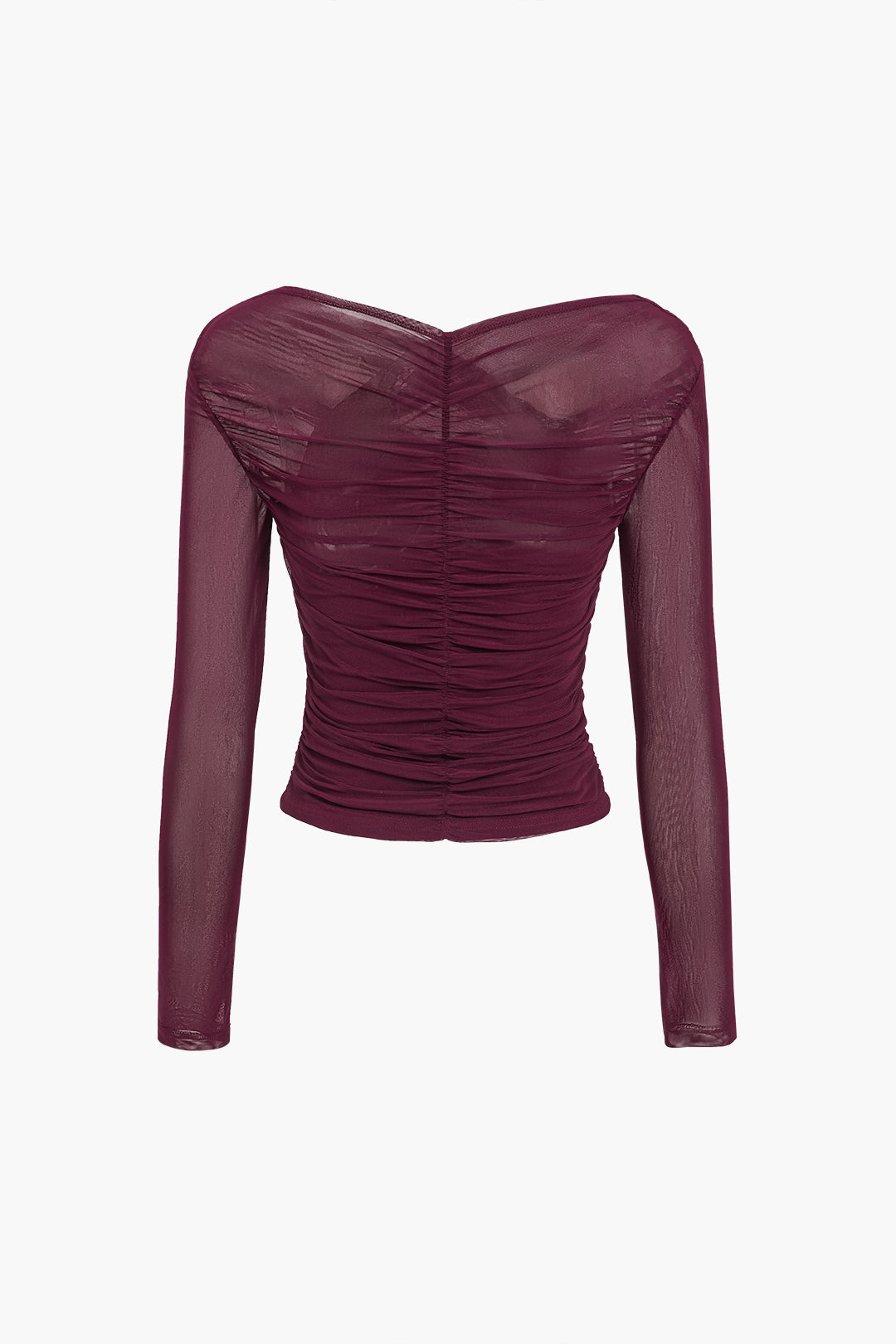 Anika - Women's Ruched Mesh Long Sleeve Top with Sheer Sleeves-Women Blouses Tops-Lyrasue-Burgundy-S-Lyrasue