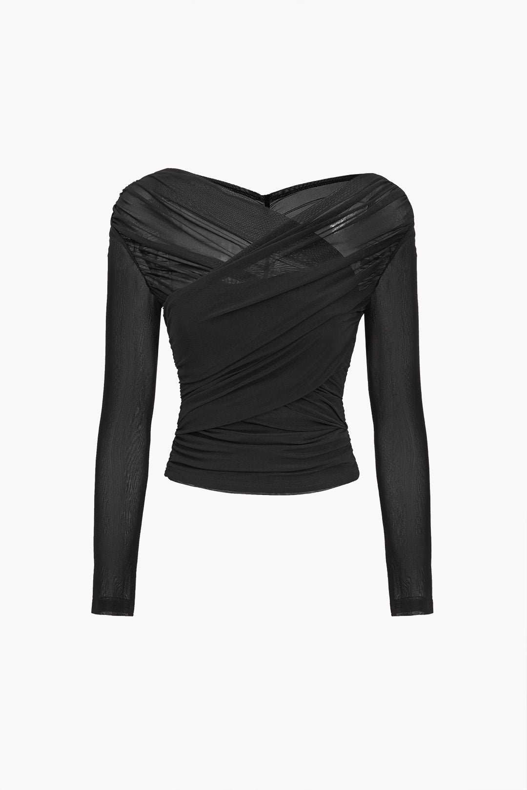 Anika - Women's Ruched Mesh Long Sleeve Top with Sheer Sleeves-Women Blouses Tops-Lyrasue-Black-S-Lyrasue