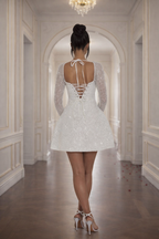 Ashley - Women's Shimmer Mini Dress Long Sleeve Party Dress-Lyrasue-White-S-Lyrasue