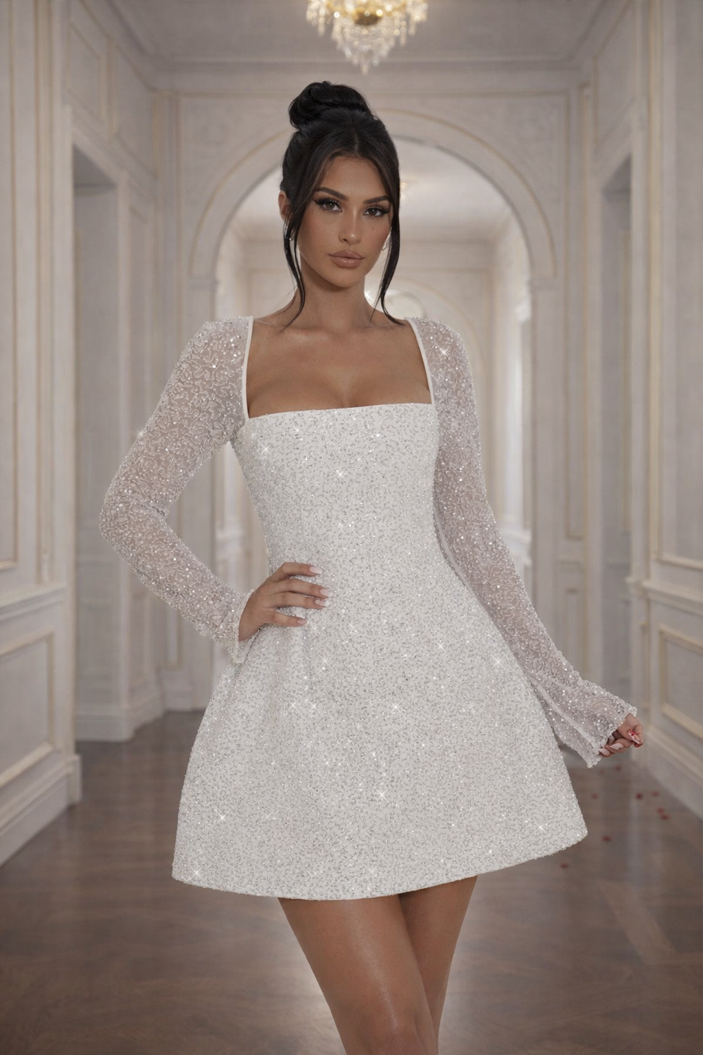 Ashley - Women's Shimmer Mini Dress Long Sleeve Party Dress-Lyrasue-White-S-Lyrasue