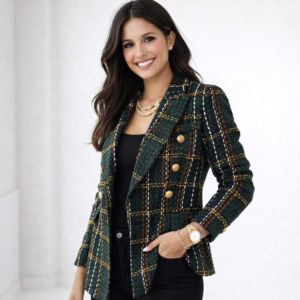 Avea – Women's Checked Plaid Tailored Blazer Jacket-Blazers-Lyrasue-Dark green-S-Lyrasue