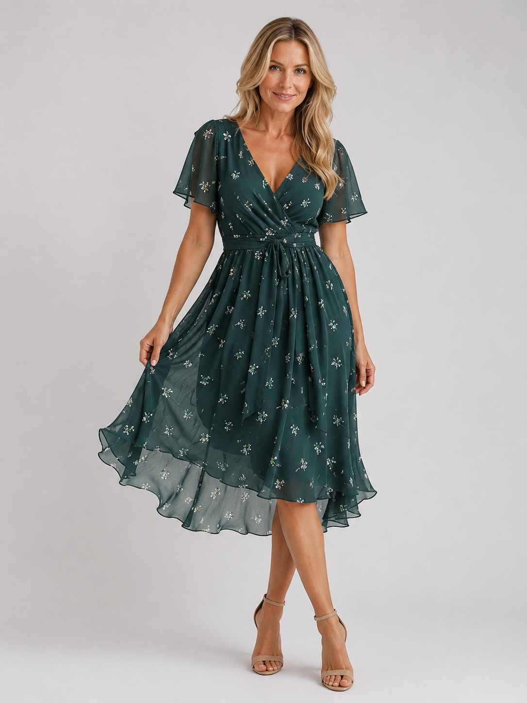Azalea - Women's Summer Floral Chiffon Wrap Midi Dress-Lyrasue-Green-S-Lyrasue