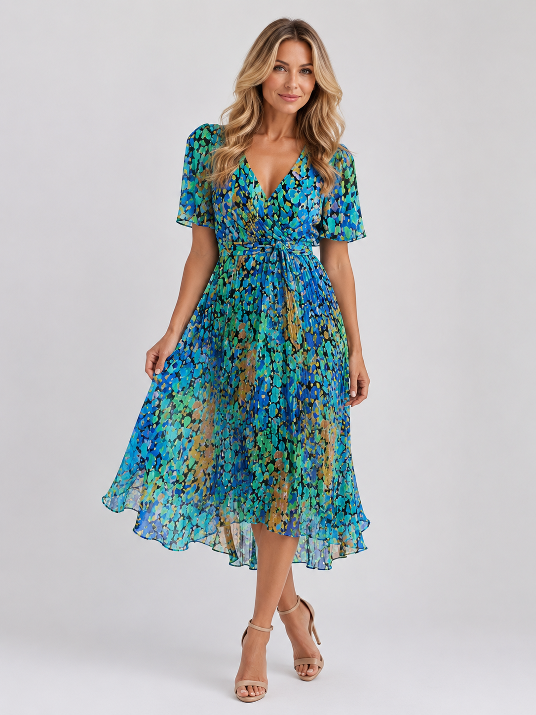 Azalea - Women's Summer Floral Chiffon Wrap Midi Dress-Lyrasue-Blue-S-Lyrasue