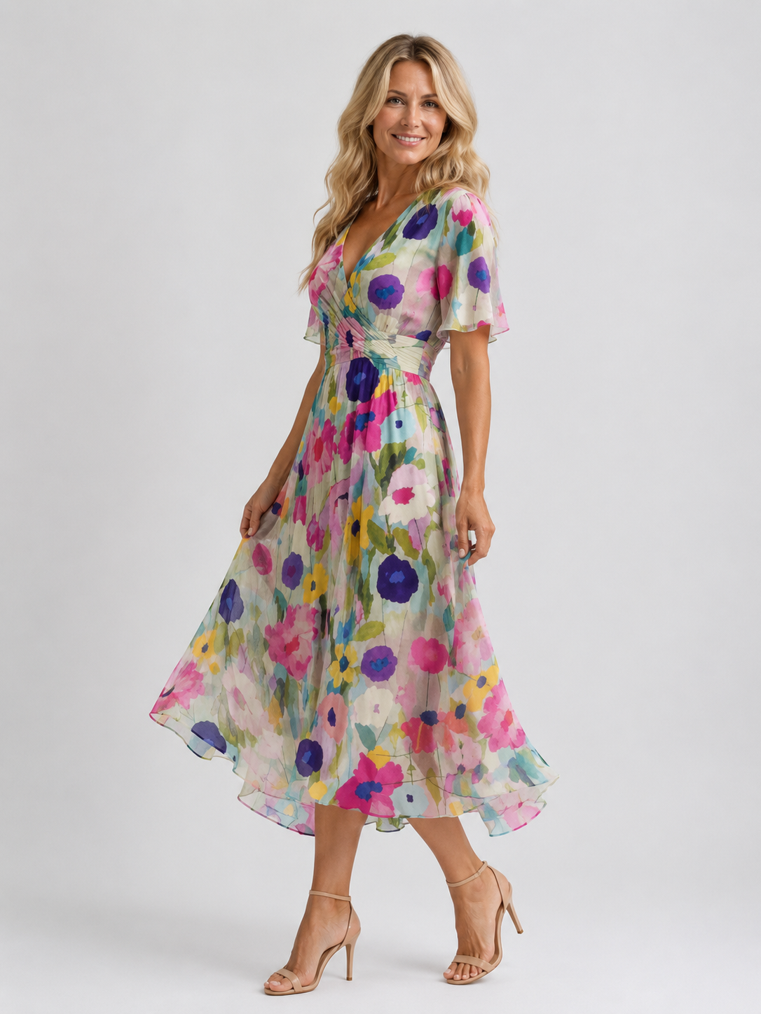 Azalea - Women's Summer Floral Chiffon Wrap Midi Dress-Lyrasue-Floral-S-Lyrasue