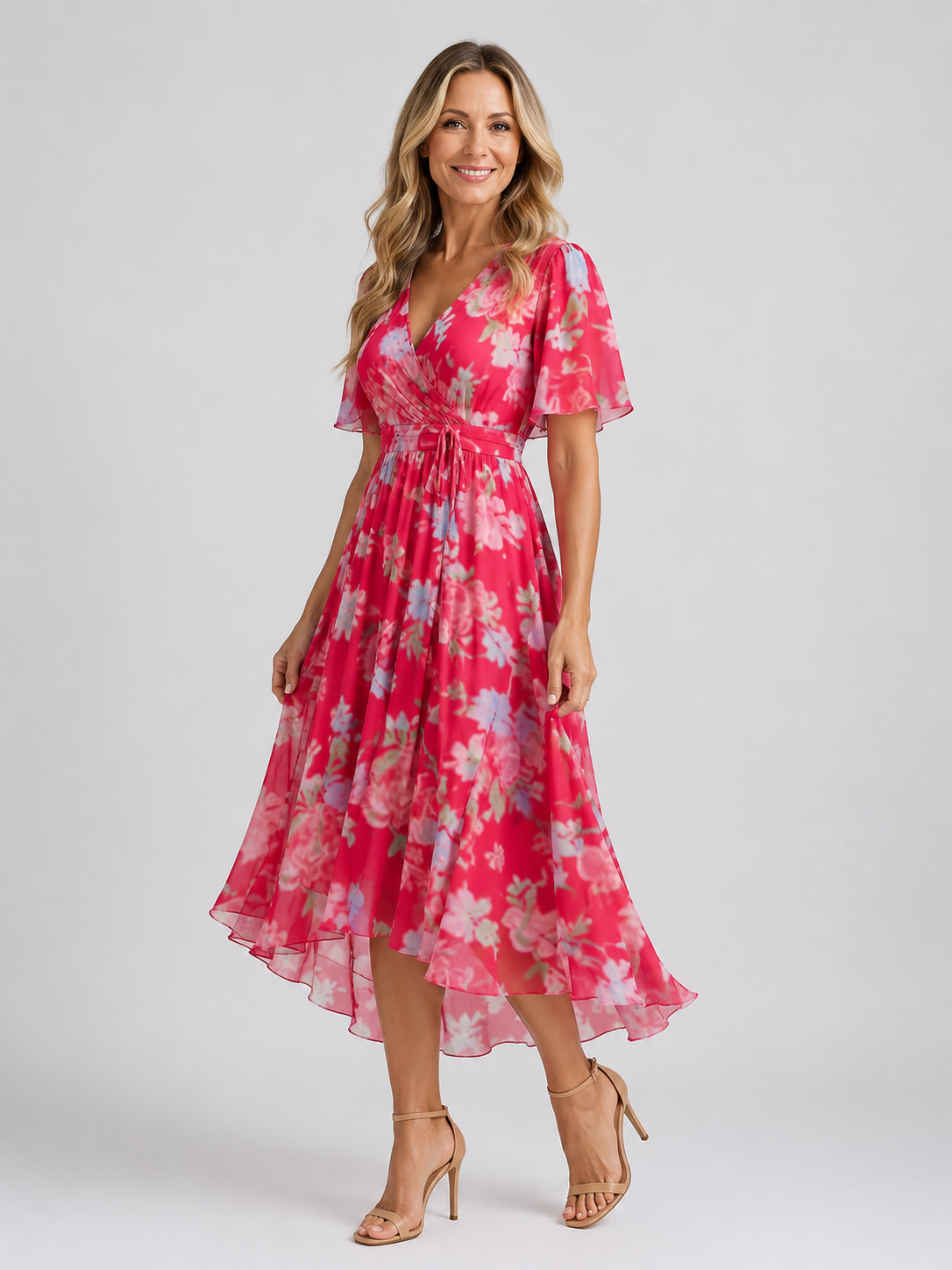 Azalea - Women's Summer Floral Chiffon Wrap Midi Dress-Lyrasue-Pink-S-Lyrasue