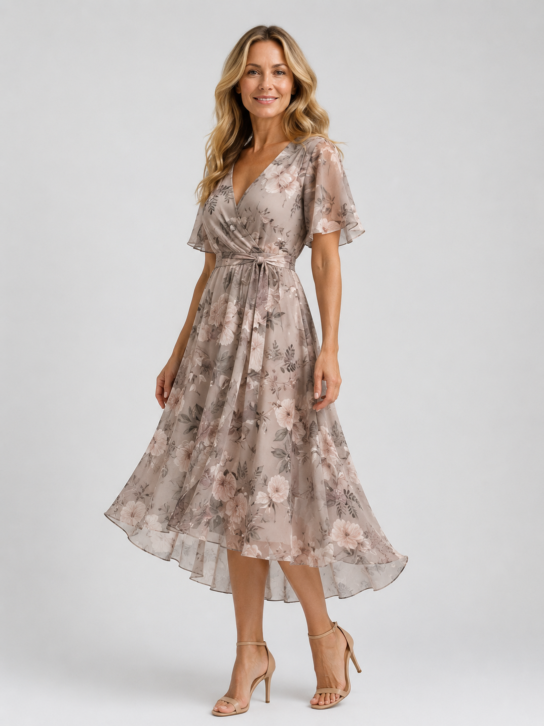 Azalea - Women's Summer Floral Chiffon Wrap Midi Dress-Lyrasue-Beige-S-Lyrasue