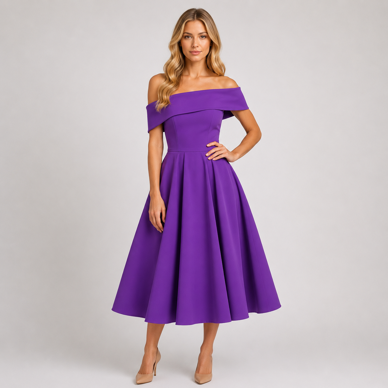 Willow - Women’s Off-Shoulder Wedding Guest Midi Dress-Dress-Lyrasue-Purple-S-Lyrasue
