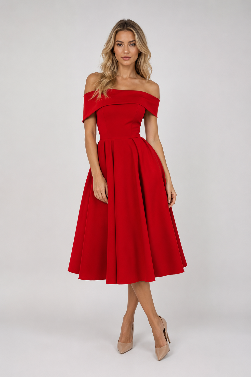Willow - Women’s Off-Shoulder Wedding Guest Midi Dress-Dress-Lyrasue-Red-S-Lyrasue