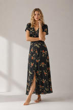 Steph - Black V Neck Floral Short Sleeve Maxi Dress-Maxi Dresses-Lyrasue-Black-S-Lyrasue