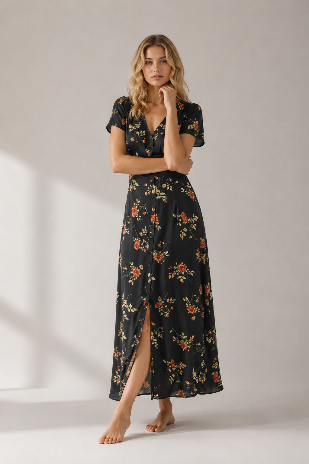 Steph - Black V Neck Floral Short Sleeve Maxi Dress-Maxi Dresses-Lyrasue-Black-S-Lyrasue