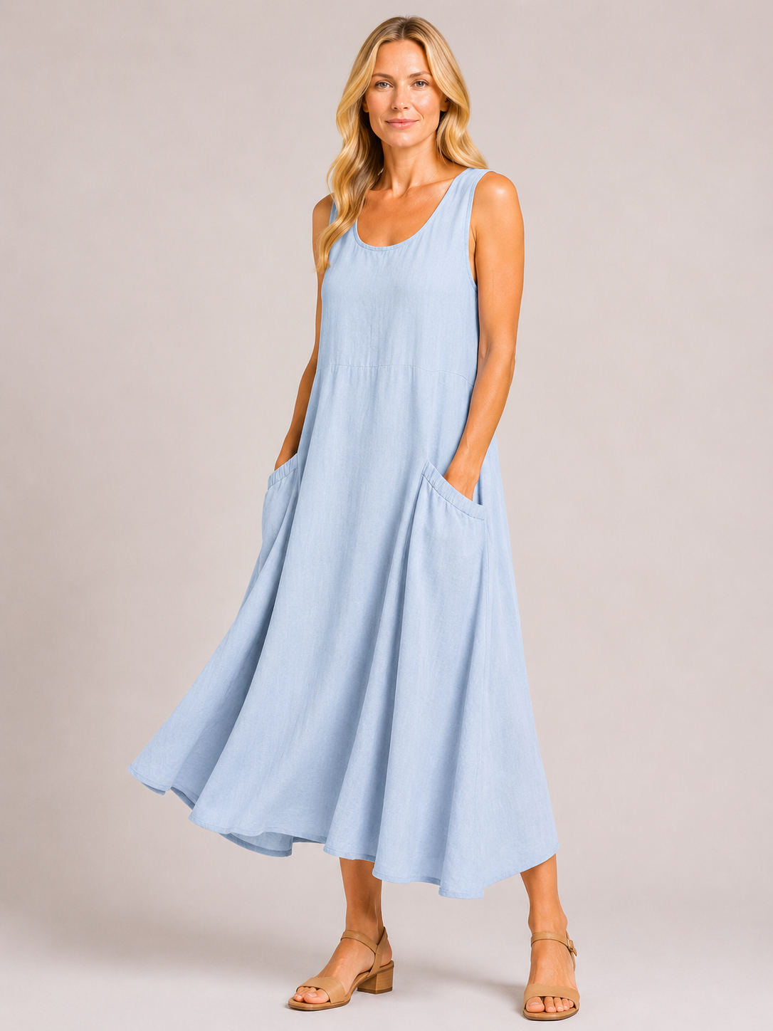 Melody - Women’s Lightweight Cotton Summer Midi Dress with Pockets-Mode Femme Robe-Lyrasue-Light Blue-S-Lyrasue