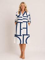 Brooke - Women’s Geometric Print Midi Dress with Pockets-Mode Femme Robe-Lyrasue-Blue-S-Lyrasue